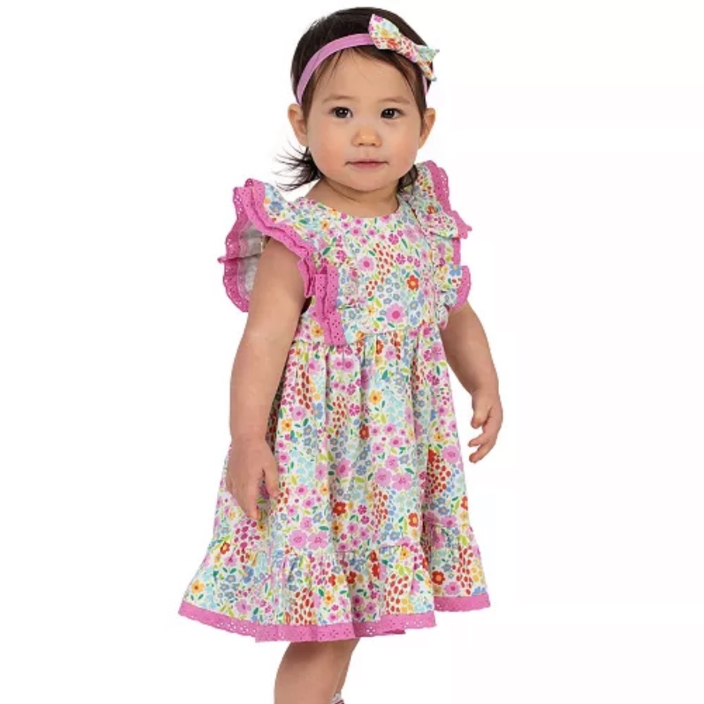 Rare Editions Floral Dress and Headband in Pink, White, Multicolor